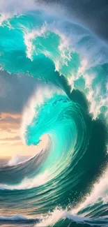 Vibrant turquoise ocean wave against a sunset-lit sky.