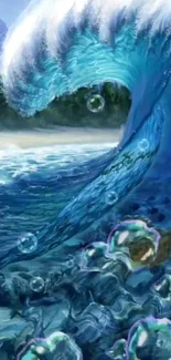 Majestic ocean wave with tropical scenery in artistic mobile wallpaper.