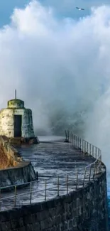 Giant wave crashing over a coastal breakwater with strong ocean waves.