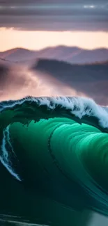 Gorgeous turquoise ocean wave against mountainous sunset backdrop.