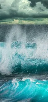 Dynamic ocean waves under a dramatic cloudy sky in a mobile wallpaper.