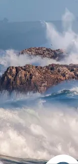 Majestic waves crash against cliffs with a lighthouse in the background.