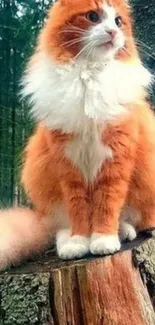 Orange cat perched on tree stump in forest wallpaper.