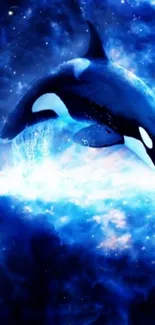 Orca whale gliding through a cosmic blue ocean, emanating a celestial glow.