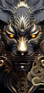 Ornate metallic beast design with glowing eyes and intricate details for mobile wallpaper.