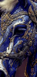 Intricately decorated horse in gold and blue, digital art.