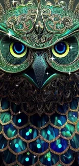 Ornate owl wallpaper with emerald and blue tones, ideal for nature enthusiasts.