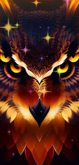 Majestic owl with fiery orange patterns in a captivating wallpaper design.