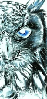 Mystical blue-eyed owl art wallpaper with a monochromatic style.