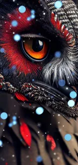 Close-up of a vibrant owl with vivid red feathers and striking orange eyes.