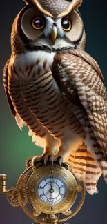 Majestic owl perched on a vintage clock with a steampunk aesthetic.