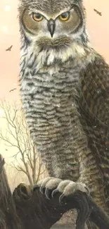 Majestic owl on tree at dusk with a serene evening backdrop.