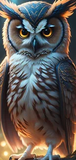 Fantasy owl with glowing eyes and intricate feathers, standing on a luminous background.