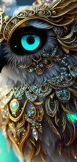 Owl with golden armor and teal eyes fantasy wallpaper.