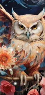 A vibrant owl in a fantasy floral setting.