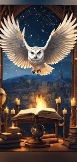 Owl flying over a glowing book in a mystical library setting.