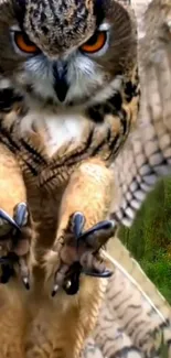 Close-up of a majestic owl flying in a forest.