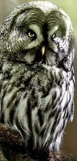 A majestic gray owl perched in a serene forest setting, captured in natural light.