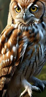 Realistic owl perched in a forest environment.