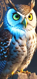 Majestic owl with vivid eyes in an artistic mobile wallpaper with a mystical background.