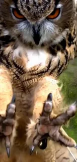 Close-up of an owl swooping down with vivid eyes and detailed feathers.