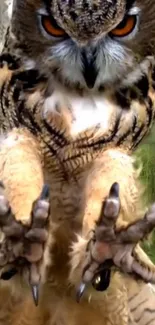 Owl in flight with sharp talons extended, striking nature image.