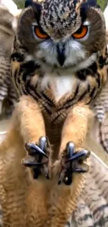 Majestic owl in mid-flight with detailed feathers and intense gaze.