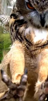 Close-up of an owl in flight with striking patterns and focused gaze.