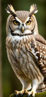 Majestic owl perched on mossy branch in a serene forest setting.