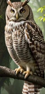 An owl perched on a tree branch in a green forest setting.