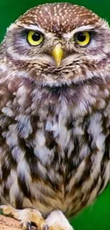 Majestic owl perched against a green backdrop.