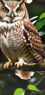 Majestic owl perched on branch with green foliage and subtle starlight.