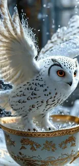 Majestic snow owl with wings spread sitting in a decorative teacup.