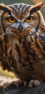 Majestic owl standing on a rock in the forest with glowing yellow eyes.