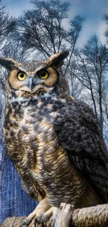 Majestic owl perched in a winter forest scene.