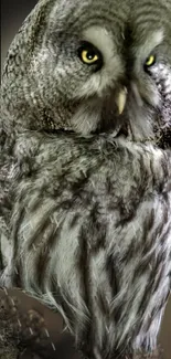 Majestic gray owl with yellow eyes on a natural background.