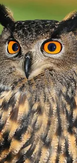 Close-up of a majestic owl with vibrant orange eyes, ideal for mobile wallpaper.