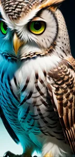 Brown and white owl with green eyes on a vibrant mobile wallpaper.