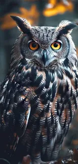Close-up of an owl with orange eyes in a forest setting.