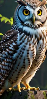 Majestic owl perched in a lush green forest.