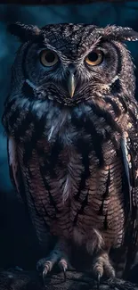 A majestic owl perched in a moonlit, dark blue forest.