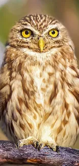 Brown owl perched on a branch with bright yellow eyes.