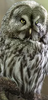 Majestic owl perched on a branch, detailed gray feathers.