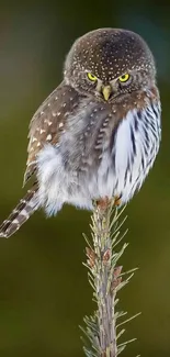 A small owl perched on a pine twig against a green background.