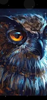 Dark blue wallpaper featuring a majestic owl with striking orange eyes.