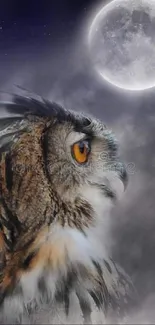 Majestic owl gazing at full moon under a mystical night sky.