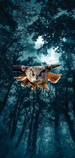 Owl flying through a moonlit forest sky wallpaper.