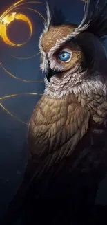 Artistic owl with glowing eyes and golden rings on a dark background.