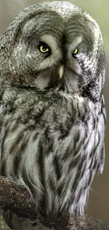 Majestic grey owl perched on a branch, showcasing its striking feather patterns.