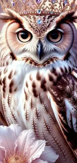 Owl with jeweled crown and flowers, artistic wallpaper.
